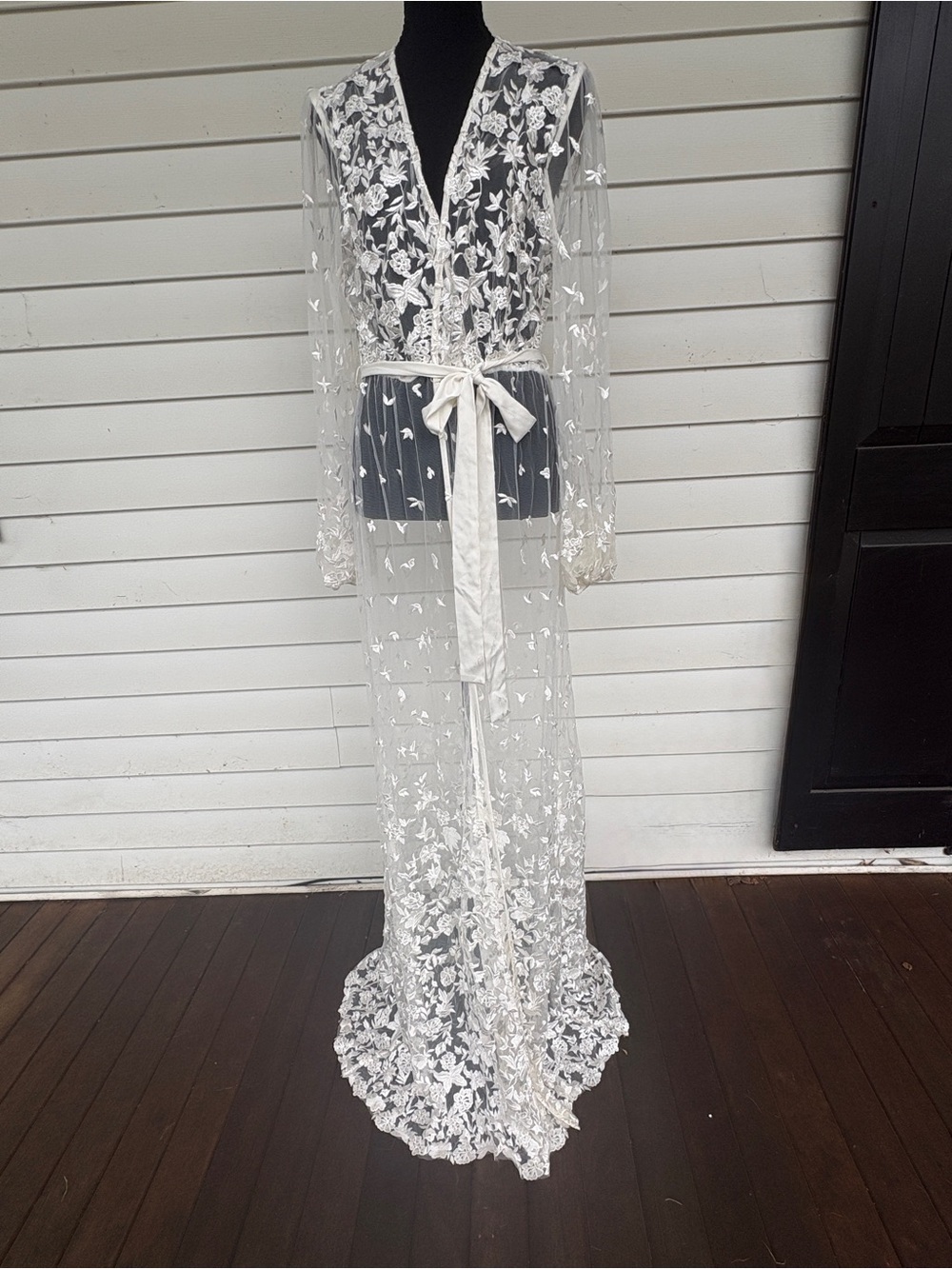 Elegant White Sheer Embroidered Lace Robe with Sash